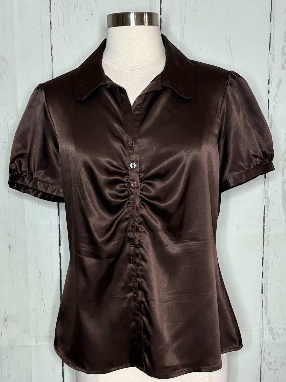 Fred David Chocolate Satin Ruched Button-Down Blouse